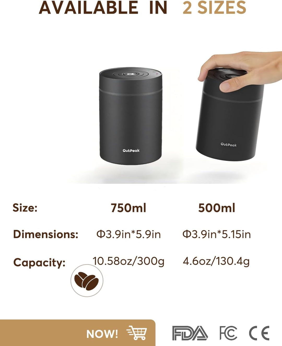 OUTPEAK Neo 2026 Auto Vacuum Coffee Canister, 0.75L Capacity for 249.5 g of Coffee Beans, One Button