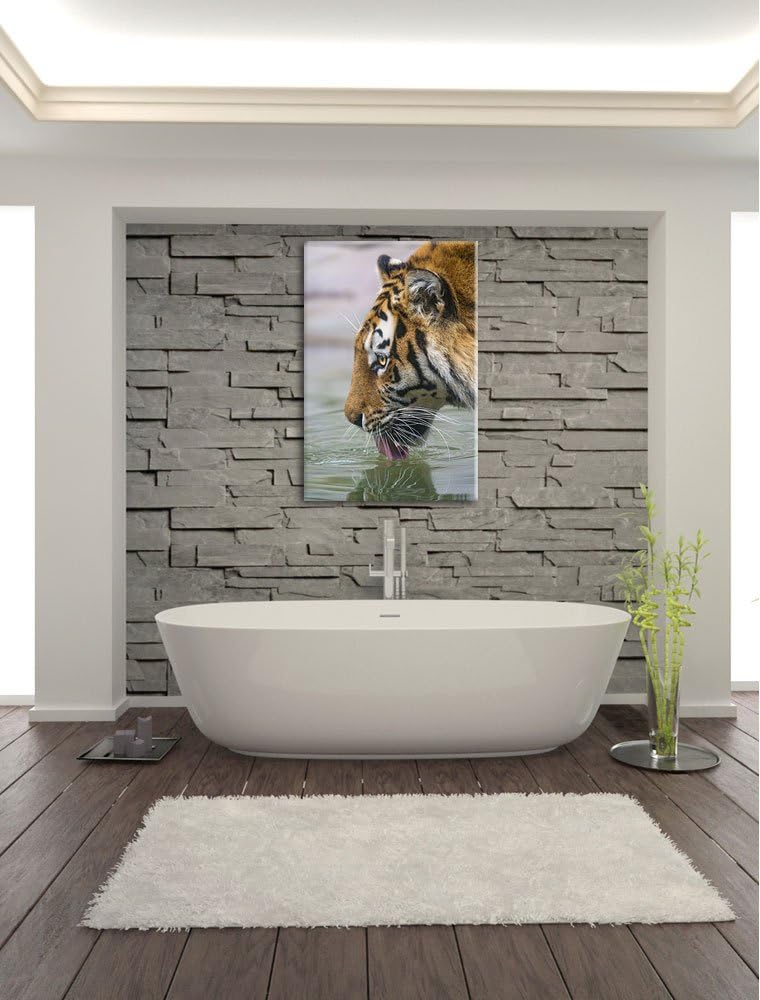 Pixxprint Tiger am Wasserloch auf Leinwand, XXL riesige Bilder fertig gerahmt mit Keilrahmen, Kunstd
