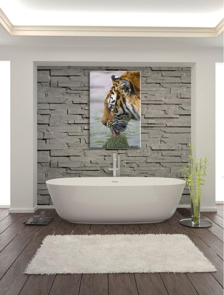 Pixxprint Tiger am Wasserloch auf Leinwand, XXL riesige Bilder fertig gerahmt mit Keilrahmen, Kunstd