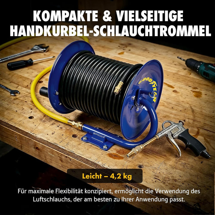 Goodyear Druckluft-Schlauchaufroller mit Handkurbel 30 m x 9,5 mm – Manuelle Schlauchtrommel aus Sta