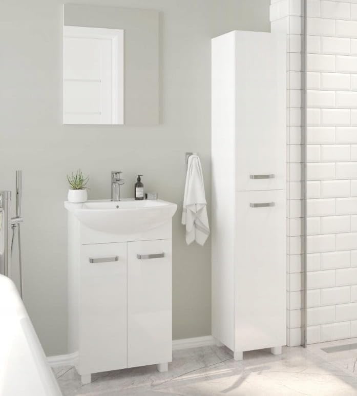 .Deftrans - Badschrank Hochglanz Weiss 170x30 cm – Schmaler Hochschrank fürs Badezimmer mit 4 Einleg