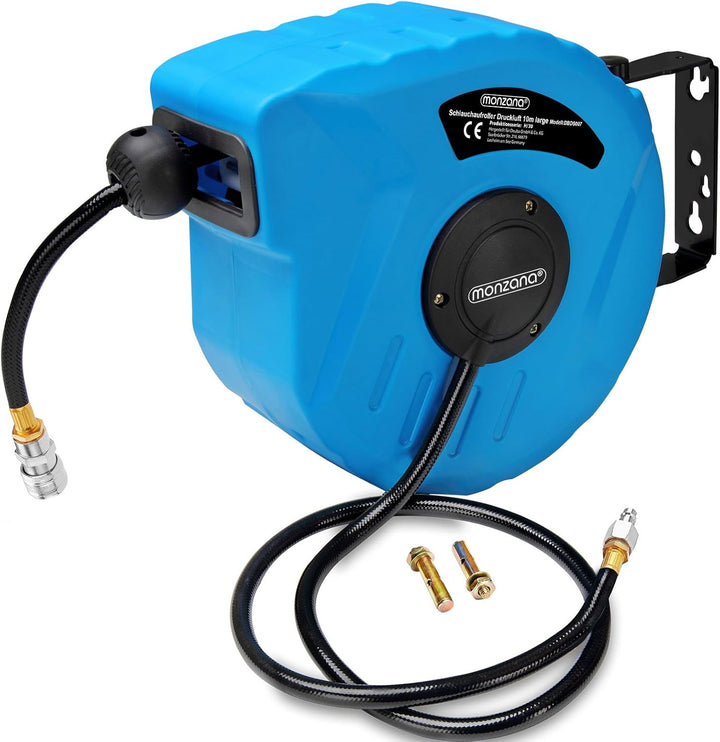 MONZANA® Druckluft Schlauchtrommel automatisch 10m 1/4' Aufroller inkl. 2in1 Drucklufttacker 100 Kla
