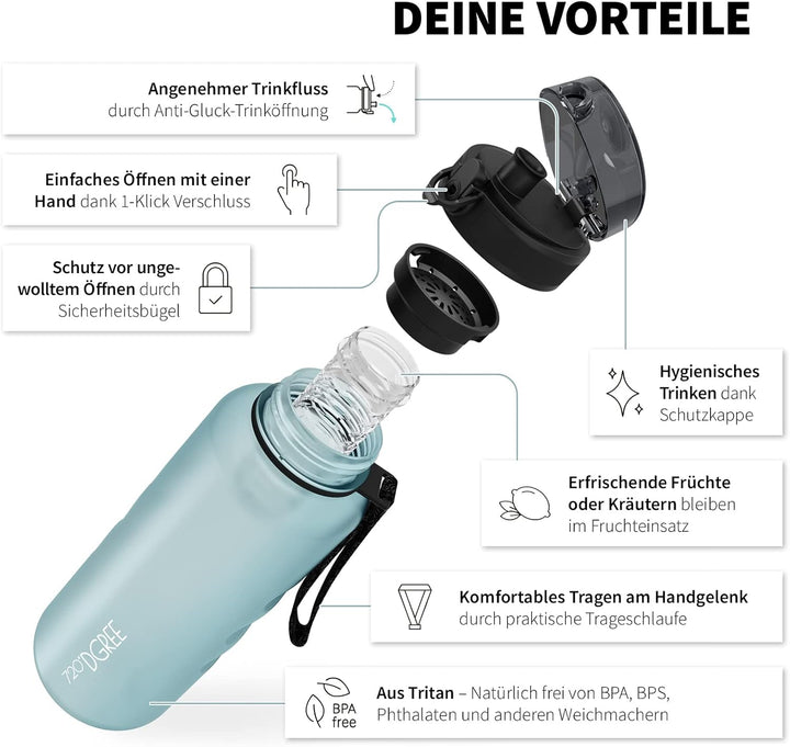 720°DGREE Trinkflasche “uberBottle“ 350ml, 500ml, 650ml, 1l softTouch +Früchtebehälter - Auslaufsich