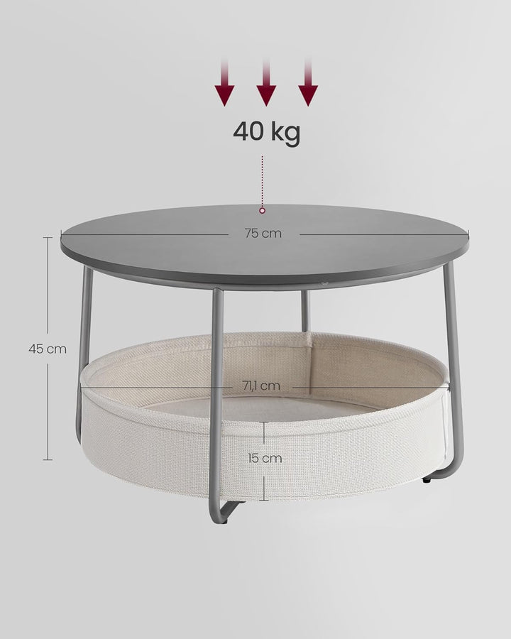 VASAGLE Couchtisch rund, Tisch mit Stauraum, Beistelltisch, Wohnzimmertisch mit Korb aus Stoff, mode