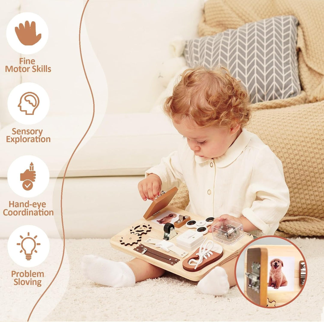 Potatomato Montessori Busy Board für Kinder - Sensorik &amp; Feinmotorikspielzeug aus Holz - Montessori
