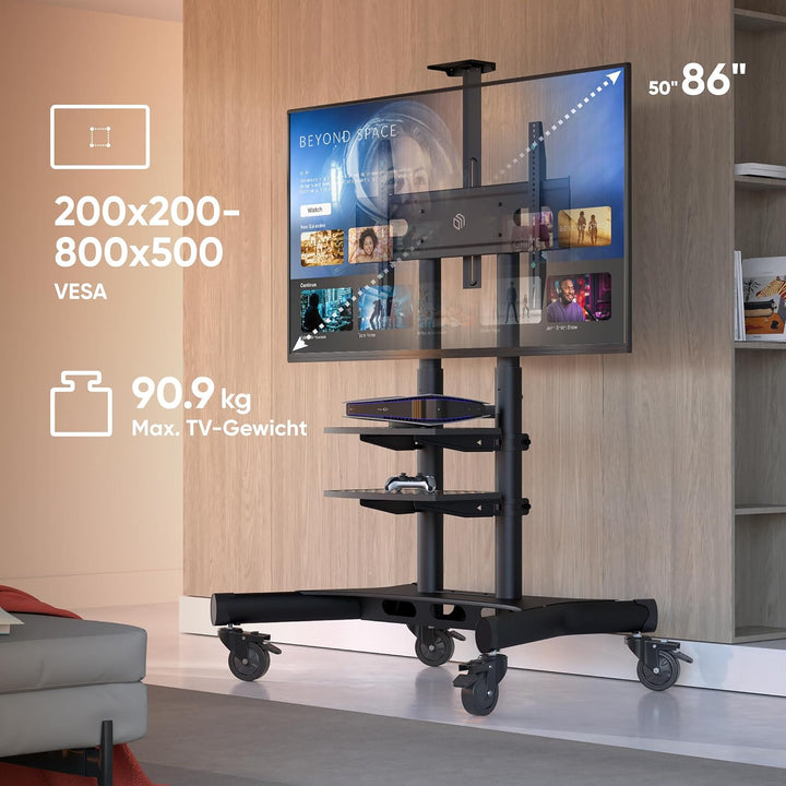 ONKRON Mobiler TV Ständer höhenverstellbar für 50” - 86” TVs bis zu 105 kg - Fernsehständer mit Roll