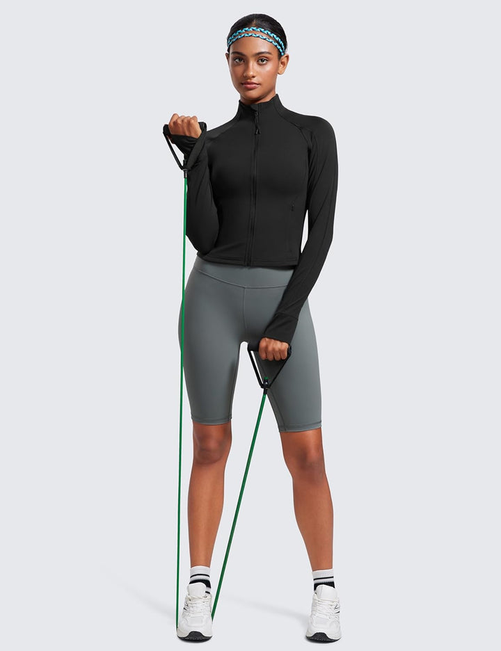CRZ YOGA Damen Butterluxe Full Zipper Sport Jacke Zip Tasche Crop Running Laufjacke Gym Langarmshirt