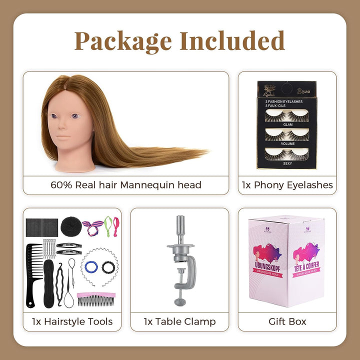 Neverland Beauty 71 cm Trainingskopf mit 60% Echthaar, Friseur-Mannequin-Kopf, Kosmetologie-Puppenko