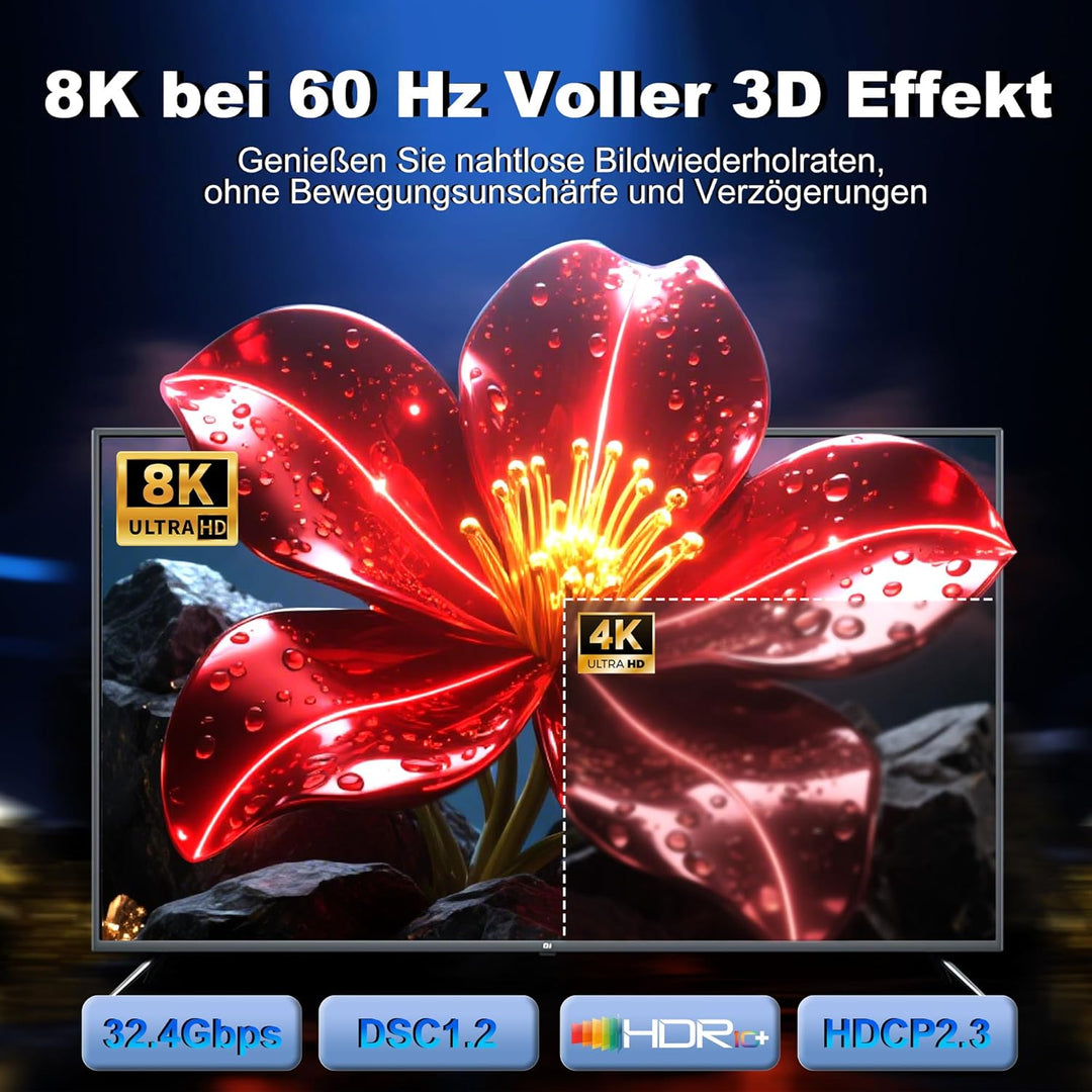 8K DisplayPort 1.4 zu HDMI 2.1 Kabel 3 m, 8K 60Hz 4K 120Hz 144Hz 2K 240Hz, HDR, Nur von DP zu HDMI F