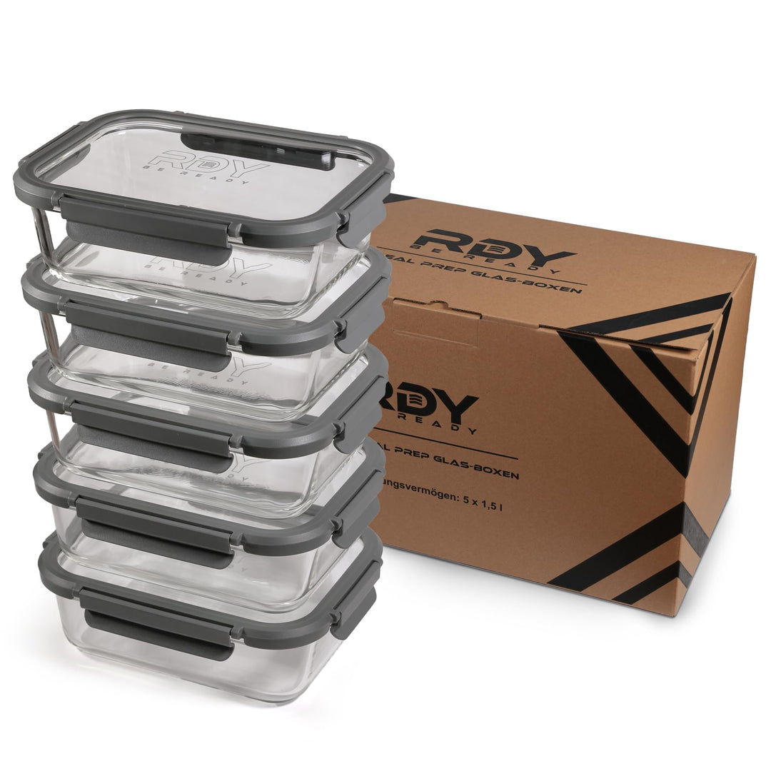 RDY® Meal Prep Glas-Boxen Set 5x 1500ml - luftdichte Glasbehälter Mikrowelle, Backofen, Gefrierfach