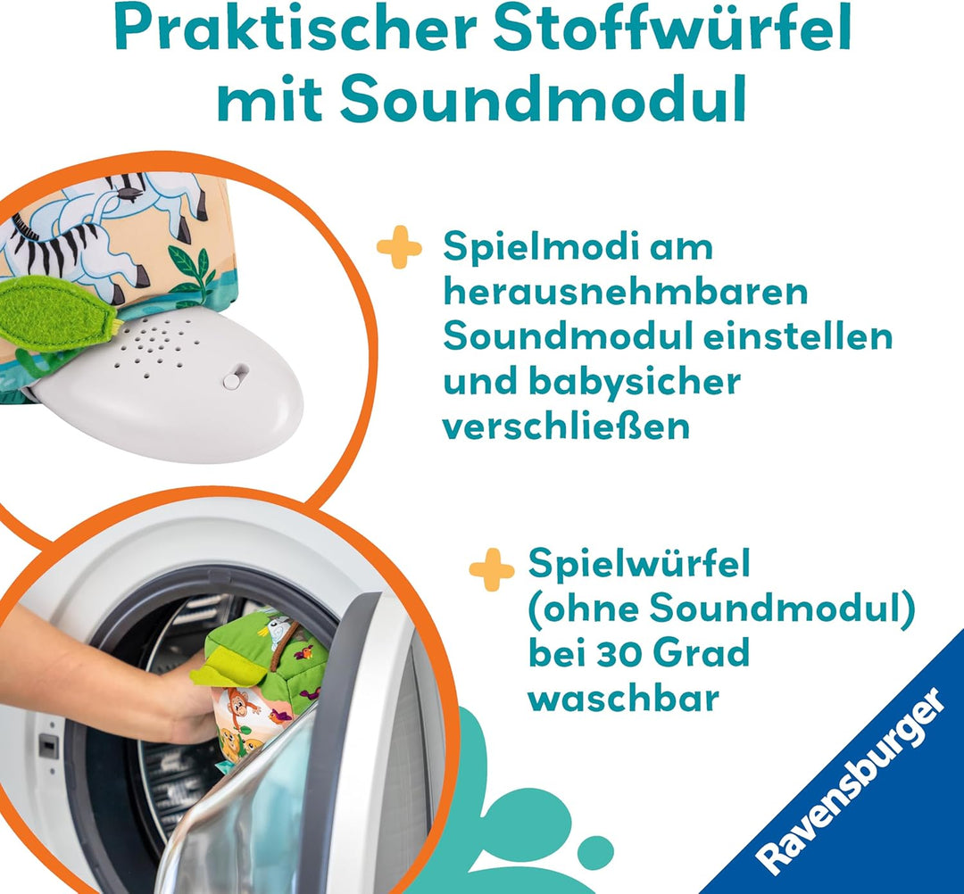 Ravensburger 4859 Play+ Motorik-Musik-Spiel-Würfel: Wilde Tiere, elektronisches Spielzeug, 3 Spielmo