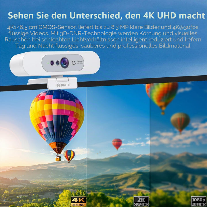 TOALLIN 4K UHD Webcam für PC, Windows Hello kompatible Kamera, Gesichtserkennung, Autofokus, integri