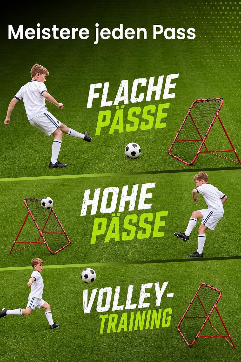 Fussball Rebounder 100 x 100 cm, klappbar, verstellbar, mit Bodenankern | Stahlrahmen, robustes PE-N