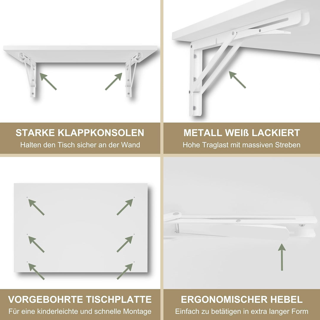 KDR Wandklapptisch 60x40 cm Weiss – Klappbarer Tisch zur Wandmontage – als Esstisch, Schreibtisch, K
