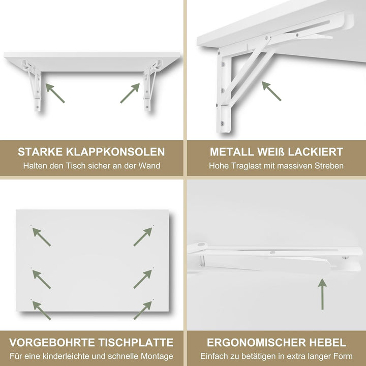 KDR Wandklapptisch 60x40 cm Weiss – Klappbarer Tisch zur Wandmontage – als Esstisch, Schreibtisch, K
