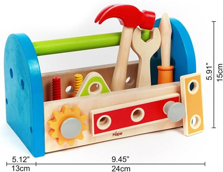 Hape Werkzeugkasten - aus Holz mit Zubehör, farbenfrohe Werkbank Hammerspielset für Kinder, Motorik-