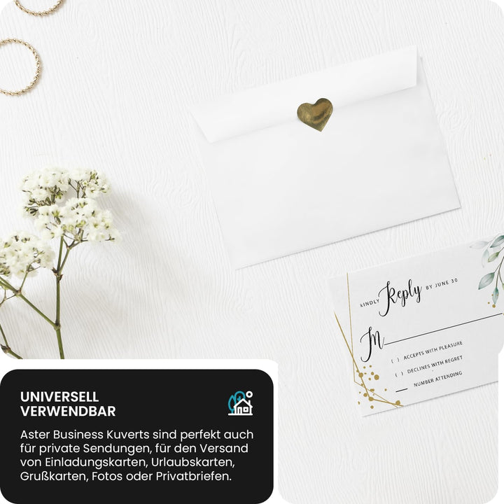 Netuno 500 Kuverts Weiss DIN Lang 11x22 cm hochwertig und stilvoll | 120g Aster Business · festliche