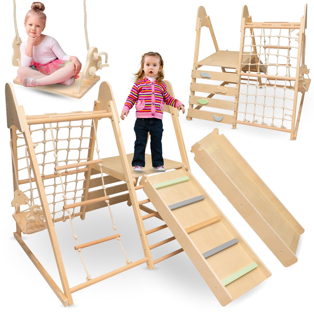 mamabrum Holz Haustier Spielplatz XL 5in1, Rutsche, Schaukel, Kletterwand, Netz und Leiter für Aktiv