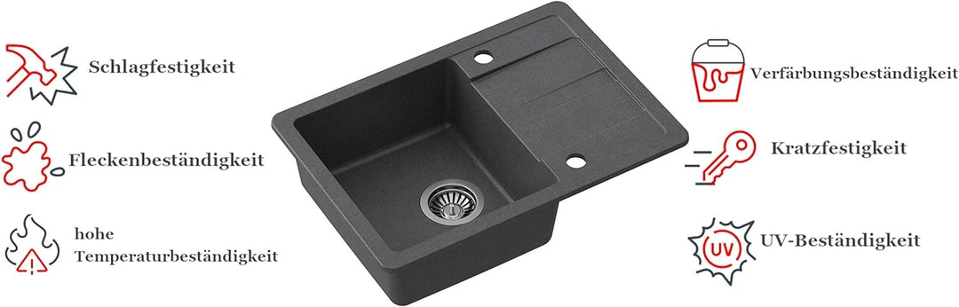 VBChome Spüle mit Armatur 62 x 44 cm Granit Schwarz Einzelbecken Küchenarmatür Flexible Armatur Einb