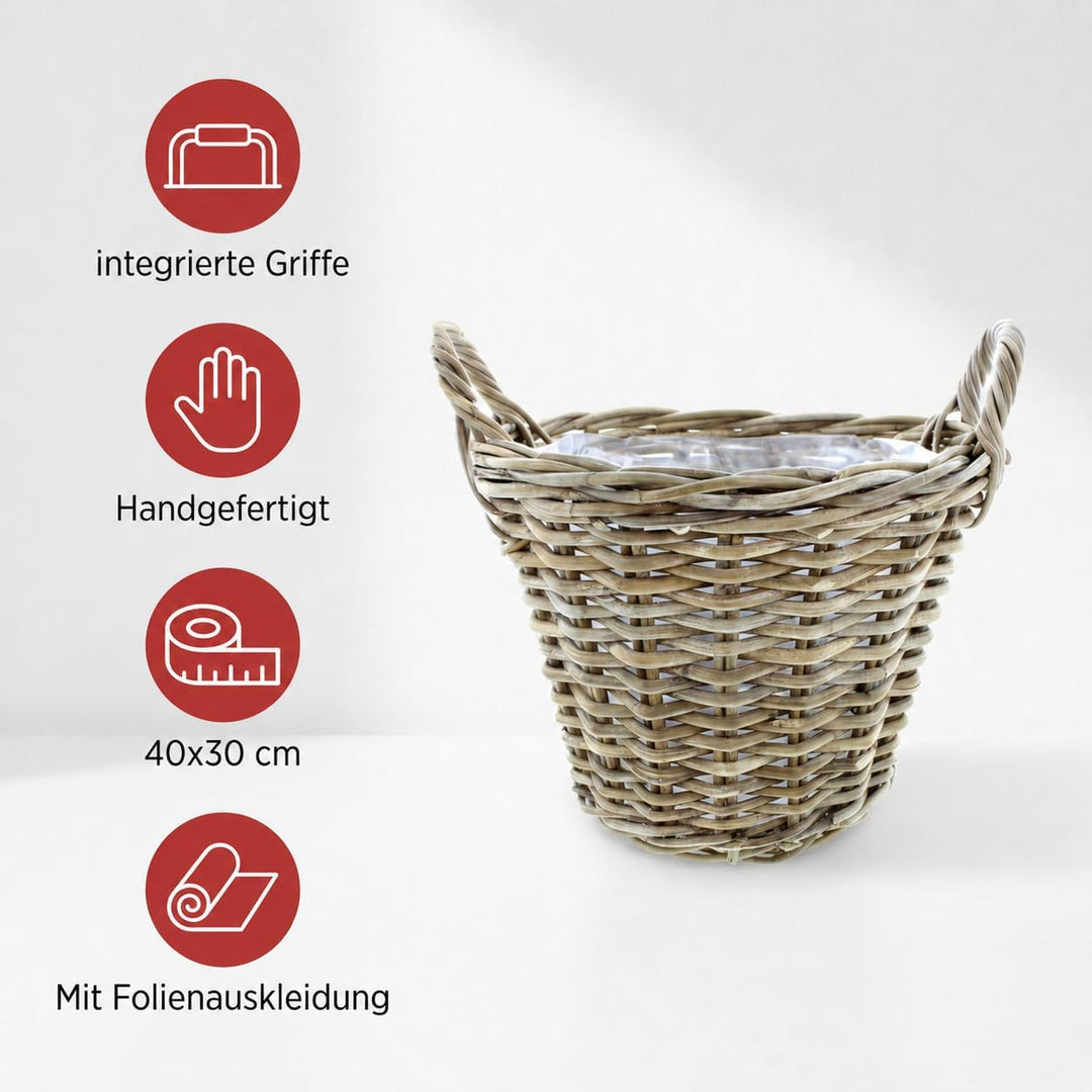 Rattankorb, Pflanzkorb "Rattan", gross mit Griffe ca. Ø 40 x 30 cm