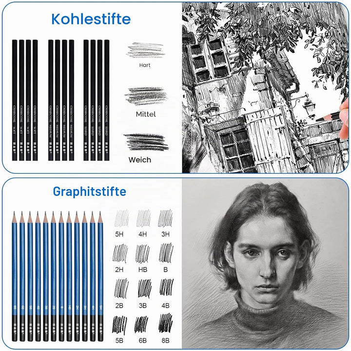 75 Stück Zeichenstifte Set , Skizzierstifte Set, Zeichnung Bleistifte Werkzeug mit Skizzenbuch Geeig