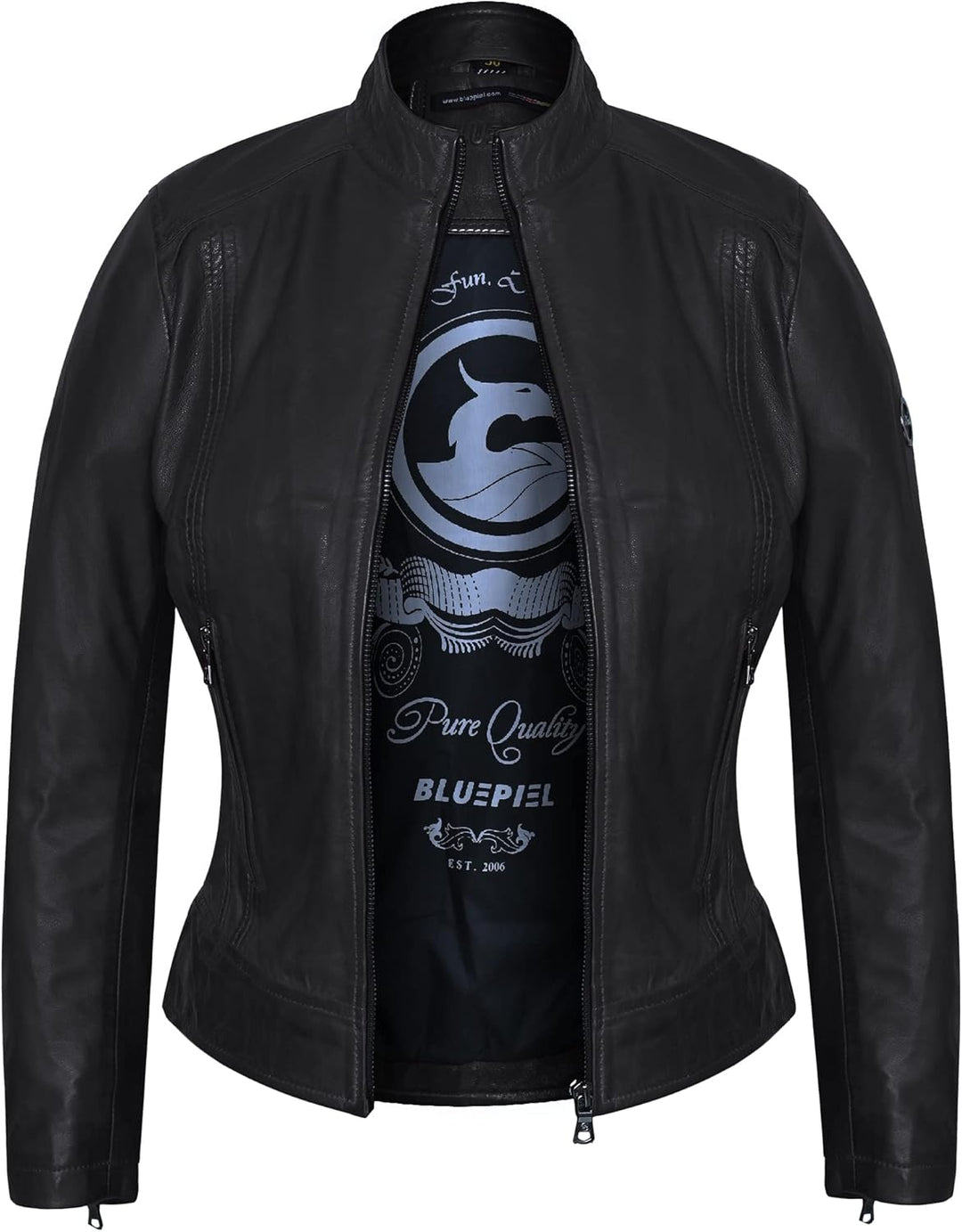 Bluepiel Damen Lederjacke KLARA Bikerjacke mit Stehkragen - Modernen Echtleder Jacke aus Lammnappa L