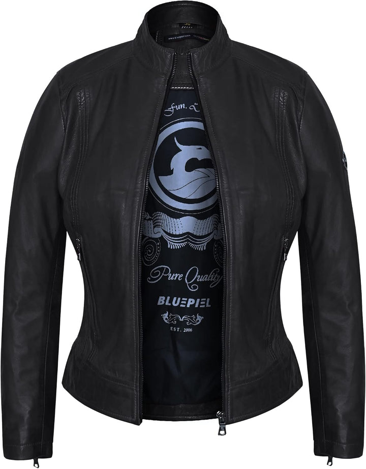 Bluepiel Damen Lederjacke KLARA Bikerjacke mit Stehkragen - Modernen Echtleder Jacke aus Lammnappa L