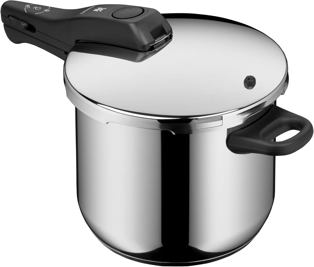 WMF Perfect Schnellkochtopf Induktion 6,5l, Dampfkochtopf mit Einsatz, grosses Kochsignal, 2 Kochstu