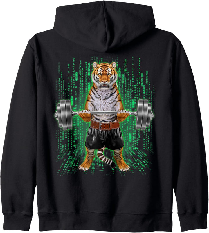 Tiger, der Gewichte im Cyber-Fitnessstudio hebt Kapuzenjacke