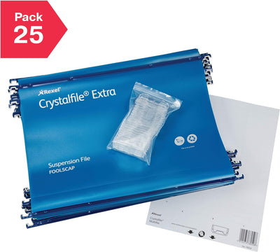 Rexel CrystalFile Extra Hängemappen (Polypropylen, 30 mm Boden, Format Foolscap) 25 Stück blau, blau