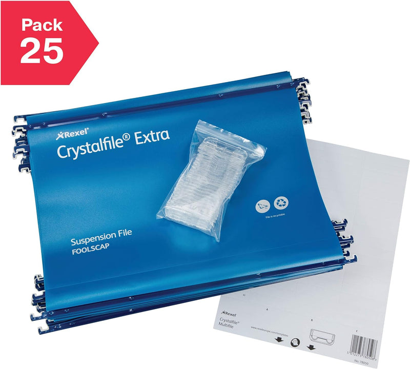 Rexel CrystalFile Extra Hängemappen (Polypropylen, 30 mm Boden, Format Foolscap) 25 Stück blau, blau