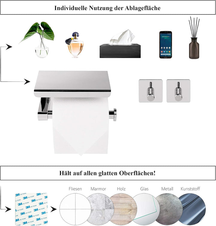 Klopapierhalter ohne Bohren inkl. 2 Handtuchhaken | Toilettenpapierhalter mit Ablage | Klorollenhalt
