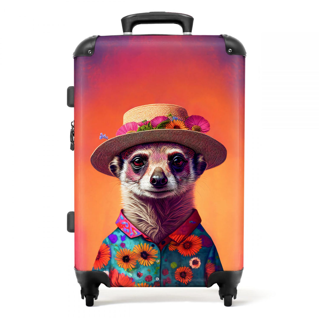 Koffer gross Trolley Rollkoffer Reisekoffer mit 4 Rollen Fotokoffer - Erdmännchen - Blumen - Hut - T