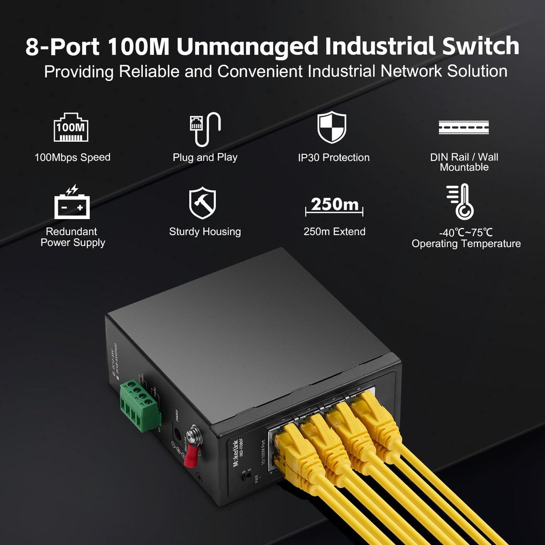 MokerLink 8-Port-Industrie-DIN-Schienenschalter, 8 x 10/100 Mbit/s Ethernet-Ports, Reichweite 250 m,