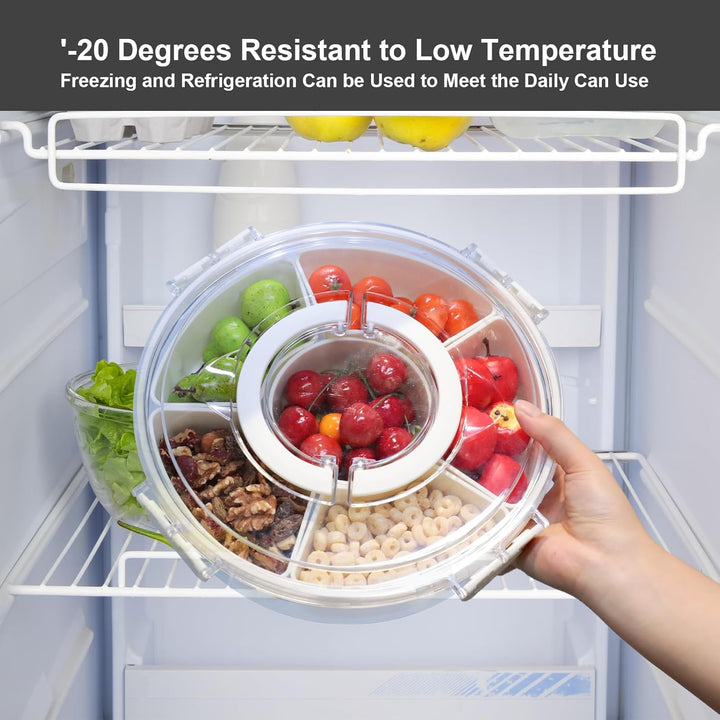 Cozary Rundes Snackbox Snackteller 27cm mit 6 Fächern und 360° Drehteller mit Deckel, PET+PP, ideal