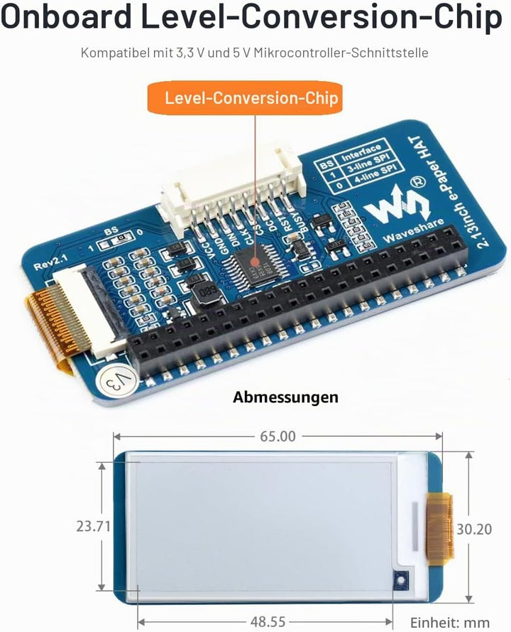 waveshare 2.13inch E-Paper Display HAT V4 Version 250x122 Resolution 3.3V/5V Two-Color e-Ink Display