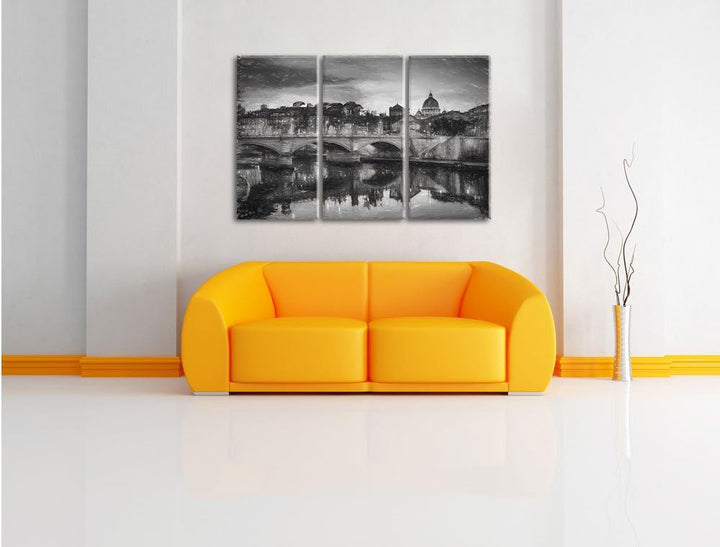Pixxprint Rom an der Tiber in Richtung Kathedrale St. Peter Kunst Kohle Effekt 3-Teiler Leinwandbild