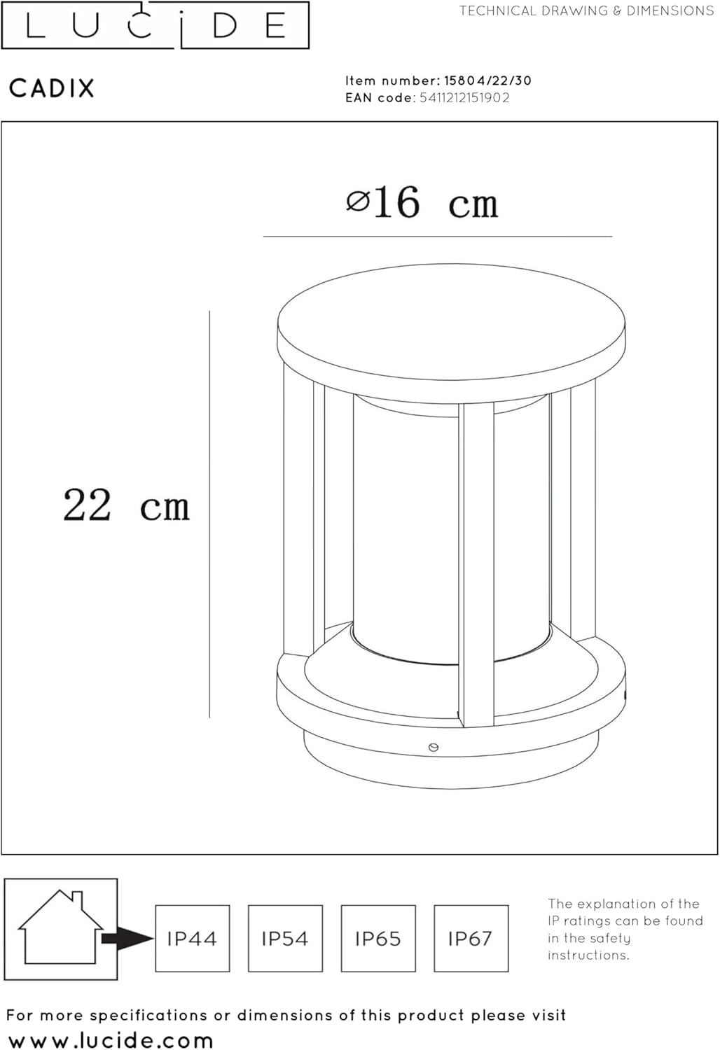 LUCIDE CADIX - Pollerleuchte Aussen - Ø 16 cm - 1xE27 - IP65 - Schwarz