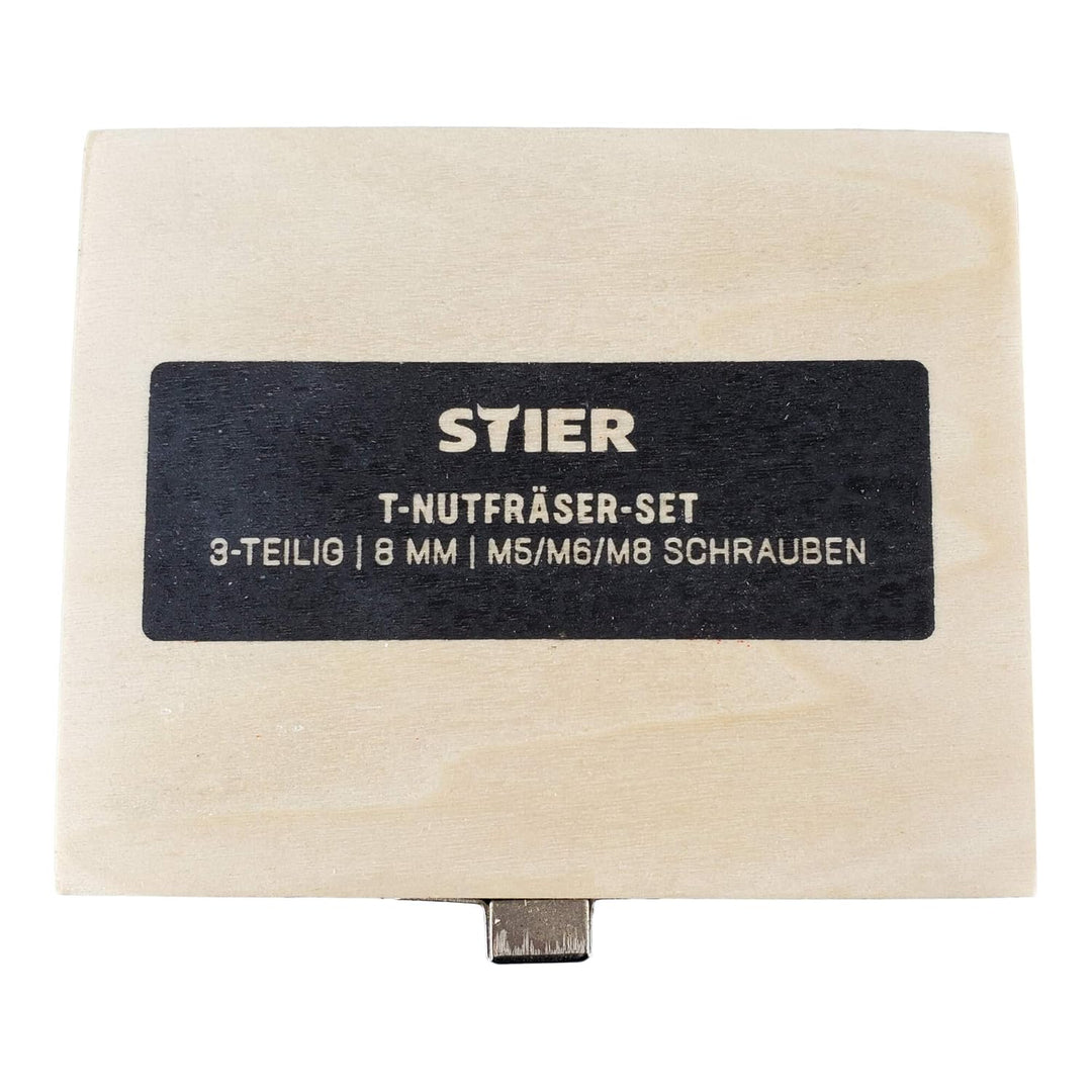 STIER T-Nutfräser-Set 3-teilig M5 M6 und M8 Schrauben, 8 mm Schaft, für Oberfräsen, T Nut Fräser, T