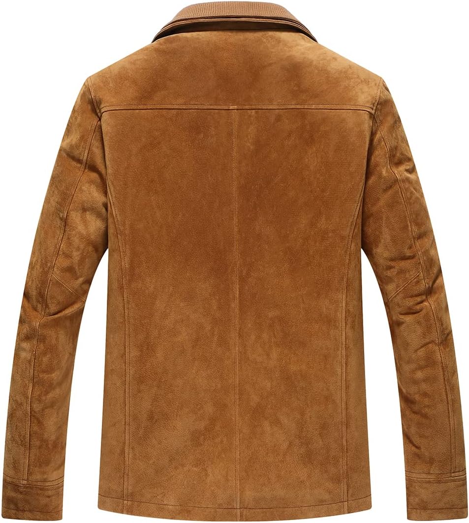 FLAVOR Herren Lederjacke Wildleder Jacke Baumwolle Gefüttert Mit Abnehmbares Kragen Freizeitjacke L