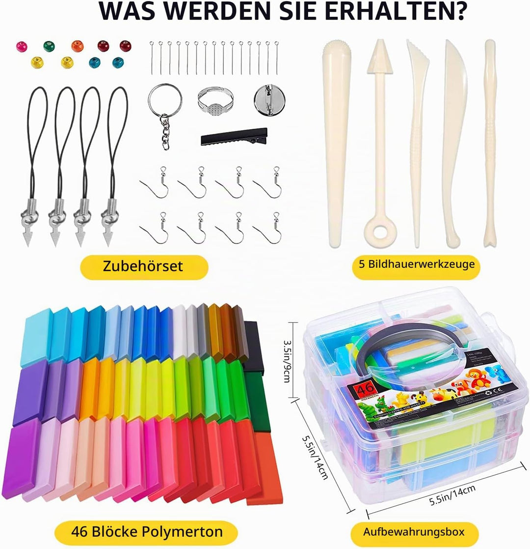 iFergoo Knete Starter Set- 46 Farben 1.5kg/52oz Polymer Clay 5 Modelliermasse Formwerkzeuge und Schm