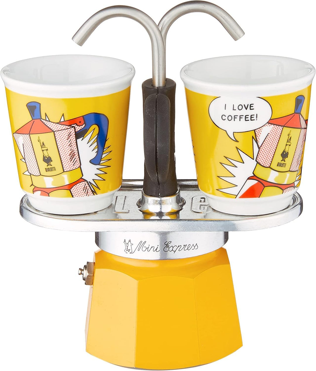 Bialetti Mini Express Farbe Gelb, Espressokocher + 2 Gläser