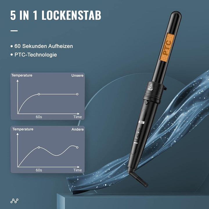 ELEHOT-Store Lockenstab 5 in 1 LCD Keramikbeschichtung Austauschbare Aufsätzen Curling iron mit Hand
