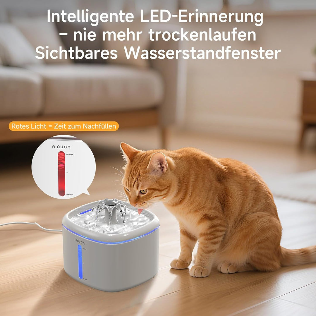 Trinkbrunnen für Katze, 2,5L Katzenbrunnen Leise mit 2 Ersatzfiltern und LED-Wasserstandsfenster für