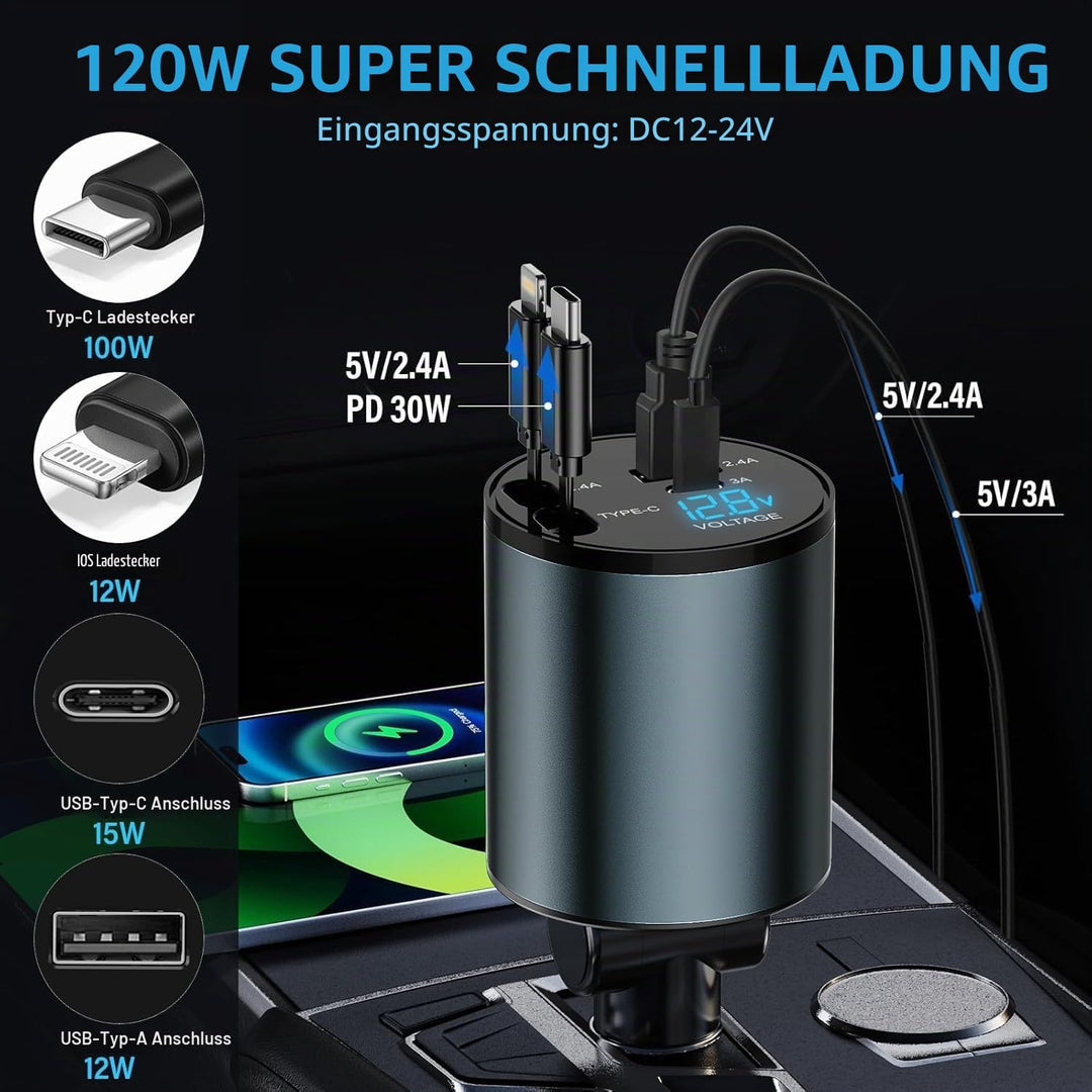 Auto Ladegerät Zigarettenanzünder USB C 4 in 1 56W - KFZ Ladegerät mit 2 einziehbaren Kabeln(Type C,