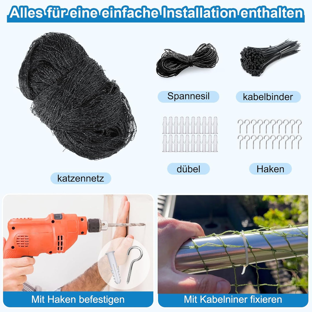 Aystkniet katzennetz für Balkon, 4 x 2 M Katzennetz Drahtverstärkt mit Befestigungsseil | Nägel | Ka