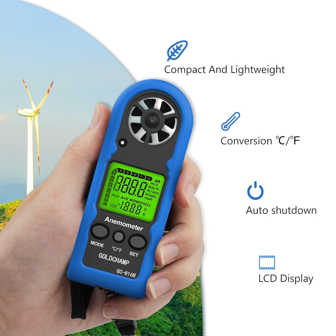 Windmesser Windmessgerät Hand, Mini Digital Windgeschwindigkeitsmesser, Misst Temperatur, Max/Durchs
