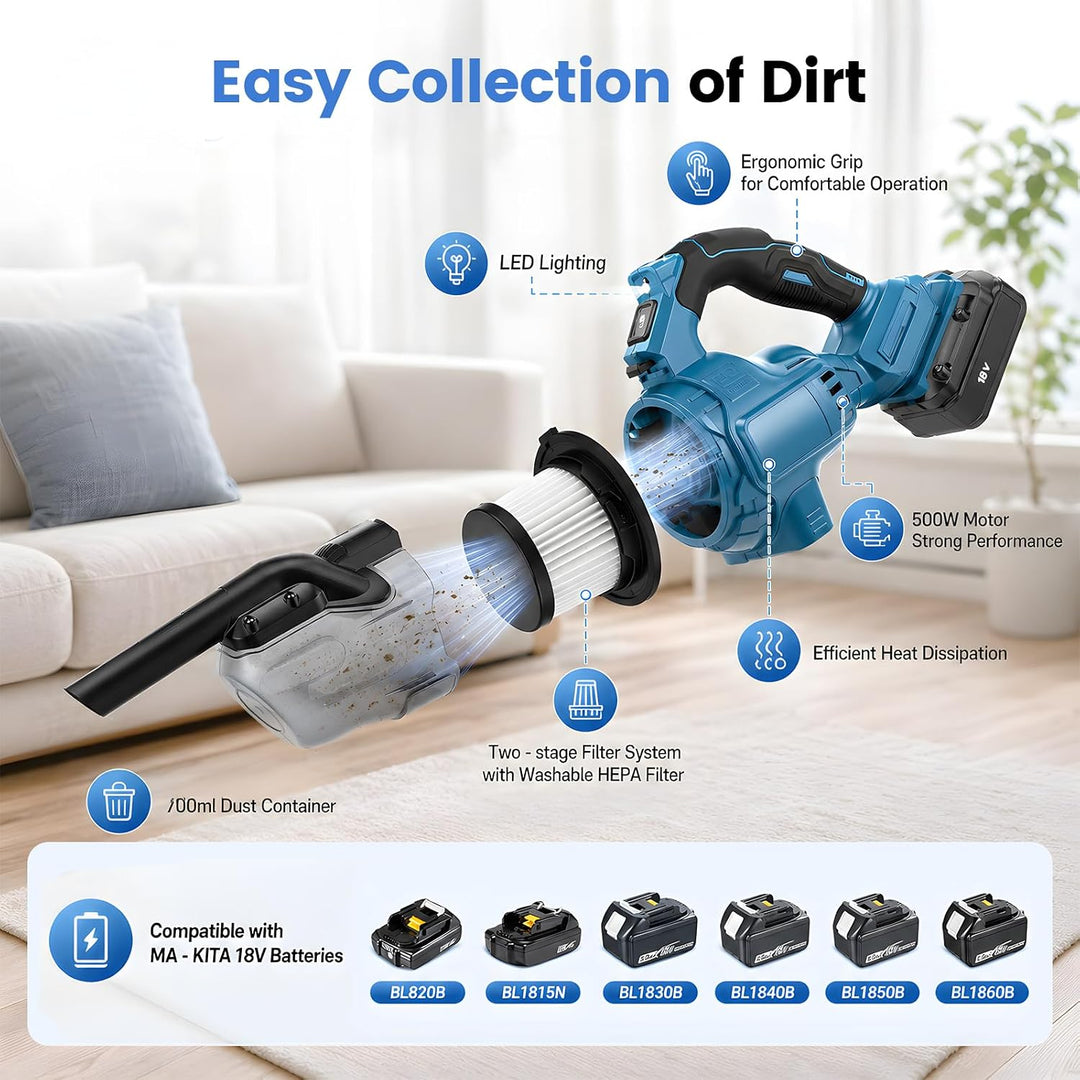 Akku Staubsauger für Makita 18V, 500W Handstaubsauger Kabellos, 10000Pa Stielstaubsauger mit HEPA-Fi