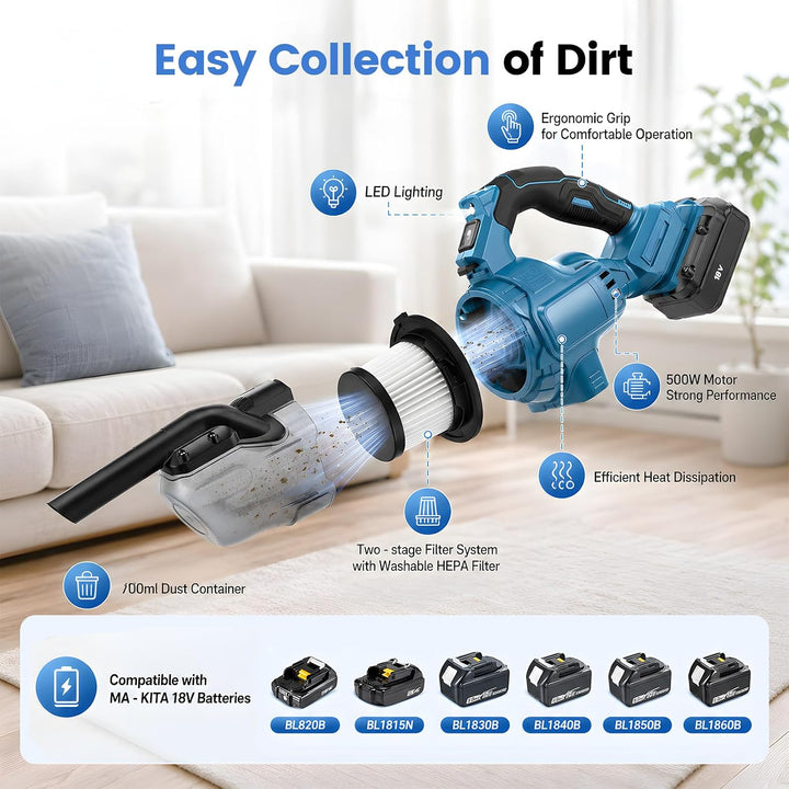 Akku Staubsauger für Makita 18V, 500W Handstaubsauger Kabellos, 10000Pa Stielstaubsauger mit HEPA-Fi