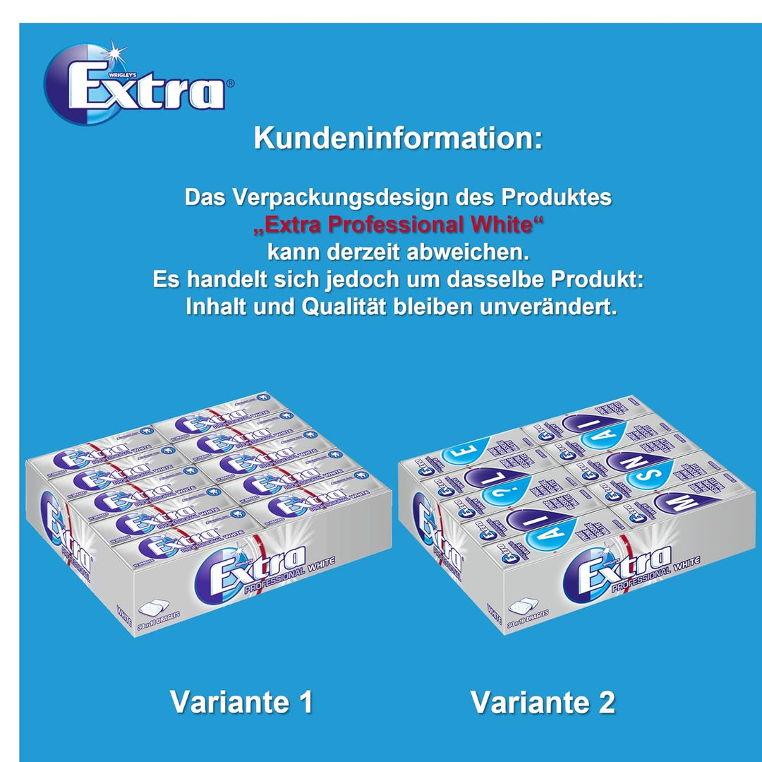 Extra Kaugummi | Professional White | Zuckerfrei | 30 Packungen (30 x 10 Dragees) , 300 Stück (30er